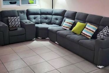 Large Gray Fabric Sectional Sofa with Recliners