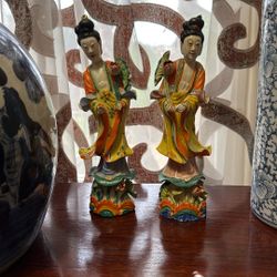 2 Pair Guanyin Lotus Flower Chinese Republic period Figurine Marked CHINA Statue