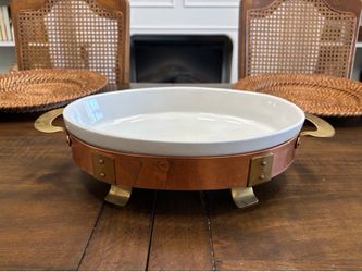 Vintage oval copper and brass serving tray with bowl