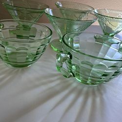 Vintage Anchor Hocking Block Optic Uranium Glass Sherbet Dessert and Tea Cups