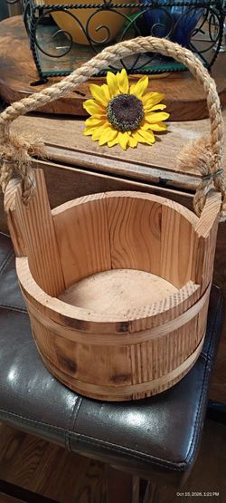 Rustic Wooden Bucket with Rope Handle