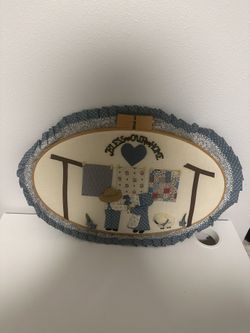 Vintage 24 inch long fabric and felt quilting scene framed in a quilt hoop for your wall