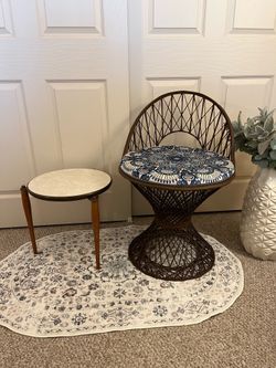 Boho wicker style chair and MCM side table