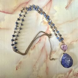 Long Blue Beaded Druzy Pendant Necklace 