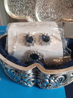 Blue And White Gemstone Necklace And Earring Set 