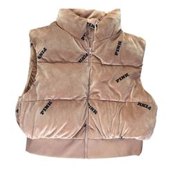 Victoria’s Secret Pink RIB Velour Crop Puffer Vest Carmel Size Large
