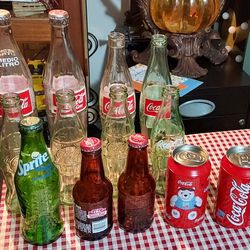 Antique Bottles & 2 Cans Coca-Cola Collectable,  No Chips Or Cracks,  100.00 For All 