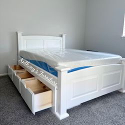 White Full Bed With Drawers And Mattress 