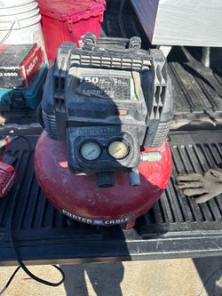 Air compressor Reliable Porter-Cable pancake air compressor has a 6-gallon tank capacity. This red steel and black plastic unit provides a maximum pre