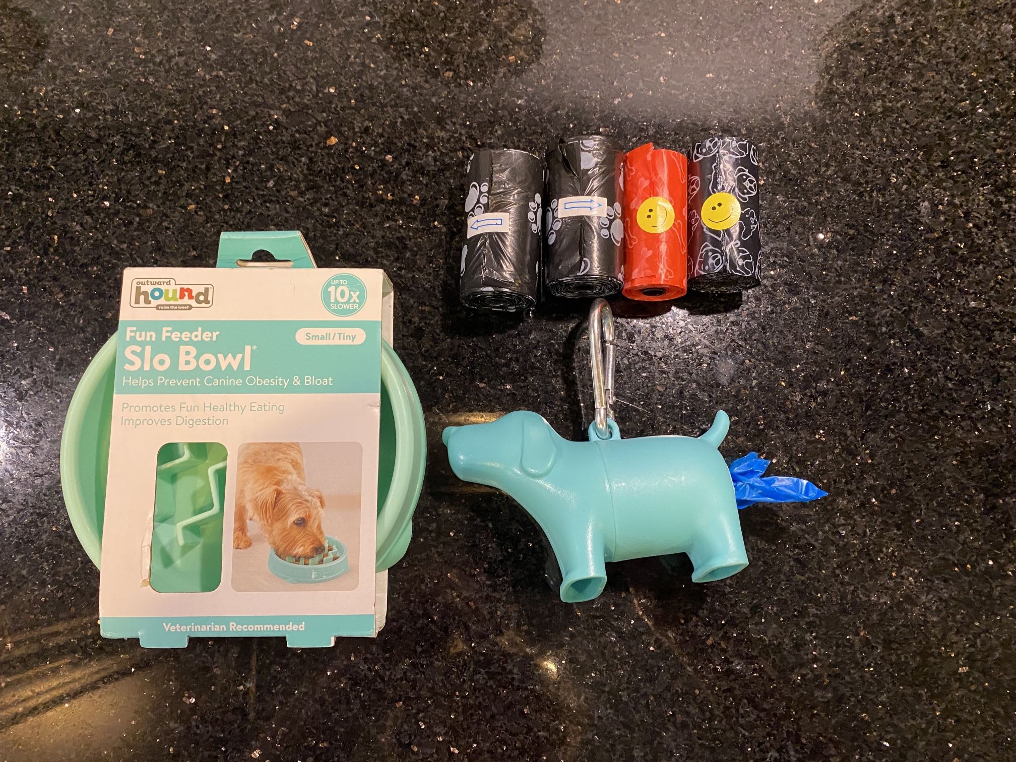 SLO-BOWL Small Dog Food Dish & 4 Rolls Poop Bags, Bag Dispenser & Nail Clippers 