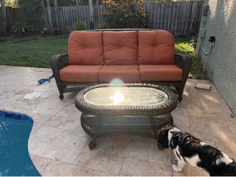 Aluminum & Wicker Outdoor Sofa With Sunbrella Cushions