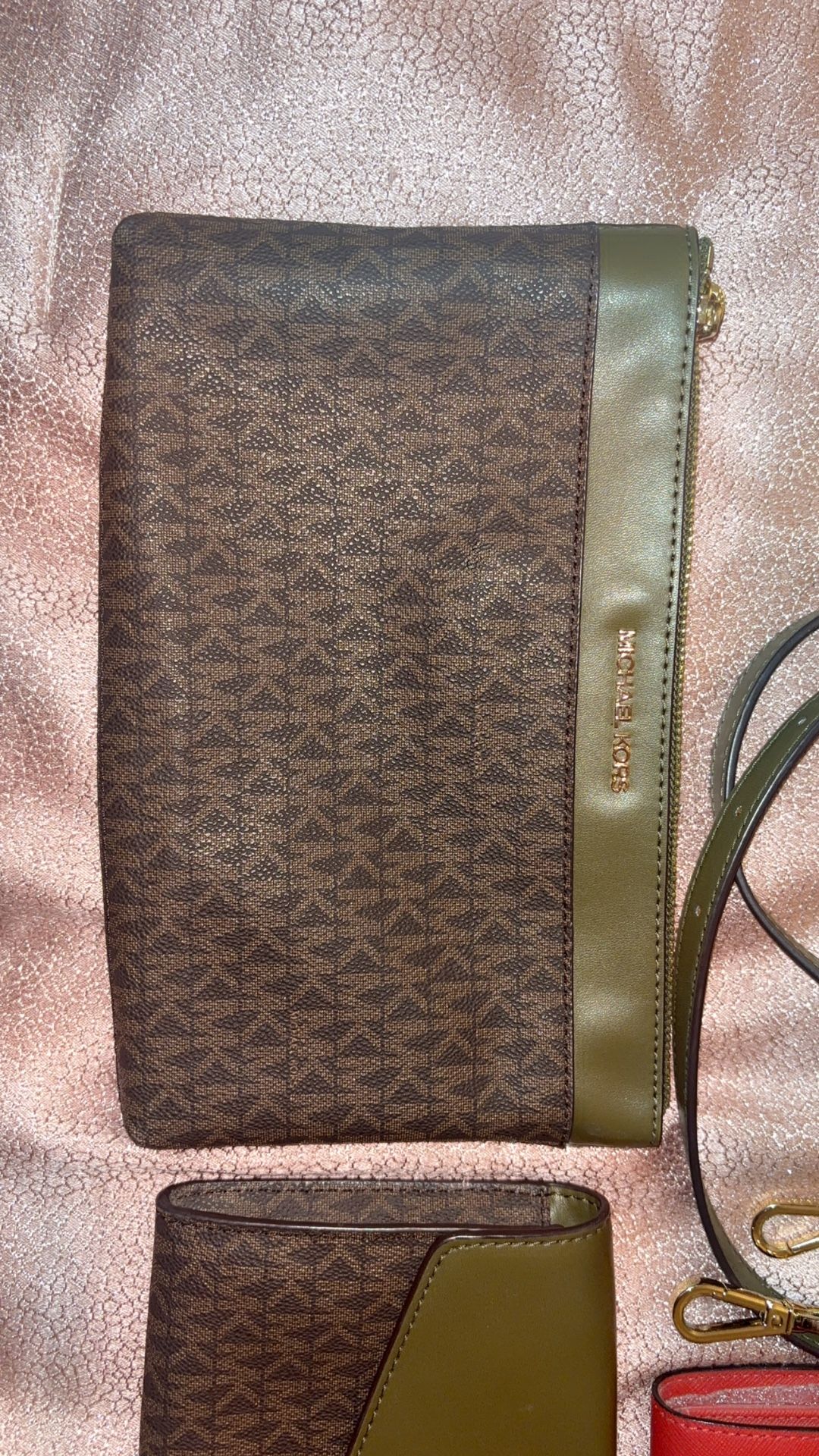 Michael Kors Hand Bags And Phone Wallet , Olive, Green, And Red With Gold Plated