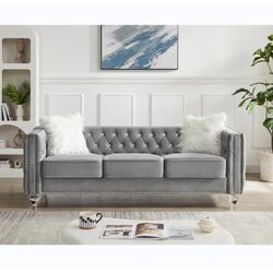 3 Seater Velvet Crystal Buckle Uphostered Sofa with 2 Plush Pillows, Modern Living Room Couch 