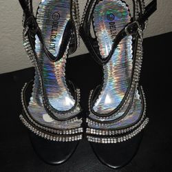 Rhinestone Black Open Toe Heels