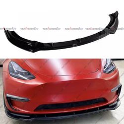 For 17-24 Tesla Model Y Gloss Black 3Pcs V Style Front Bumper Lip Splitter Kit