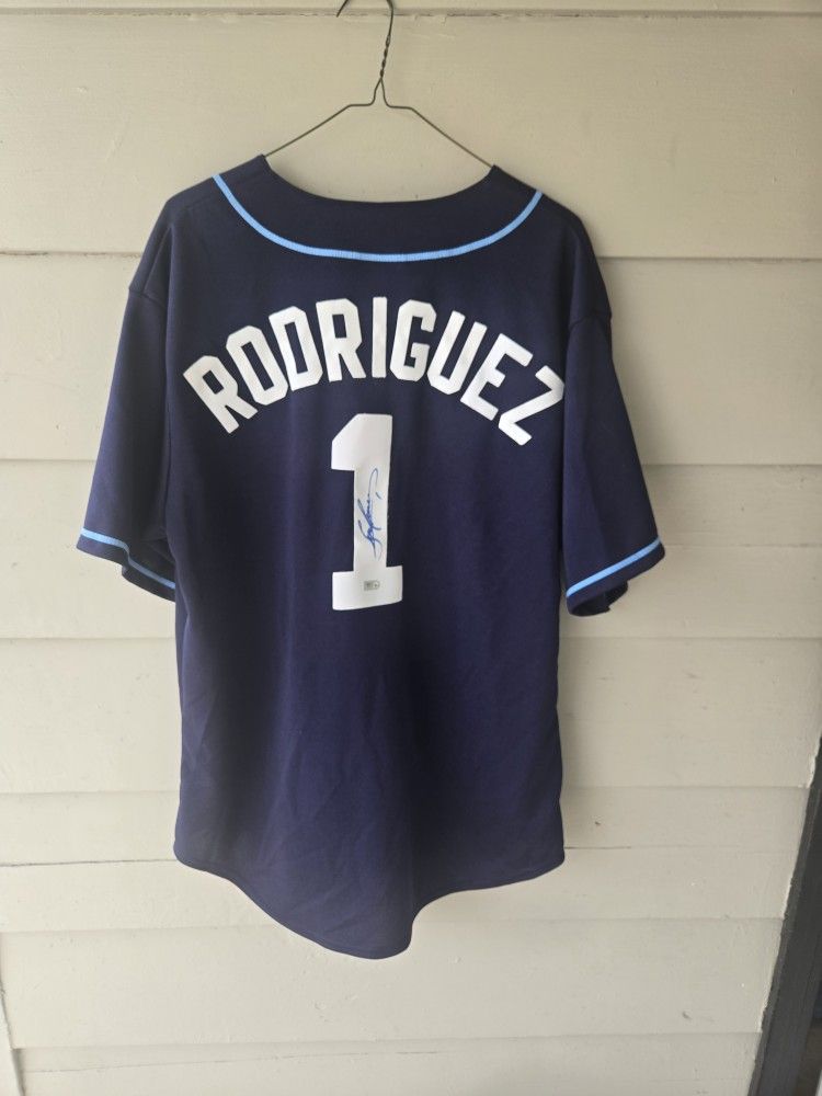 SEAN RODRIGUEZ AUTOGRAPHED TAMPA BAY DEVIL RAYS JERSEY MAJESTIC NWT SIZE L