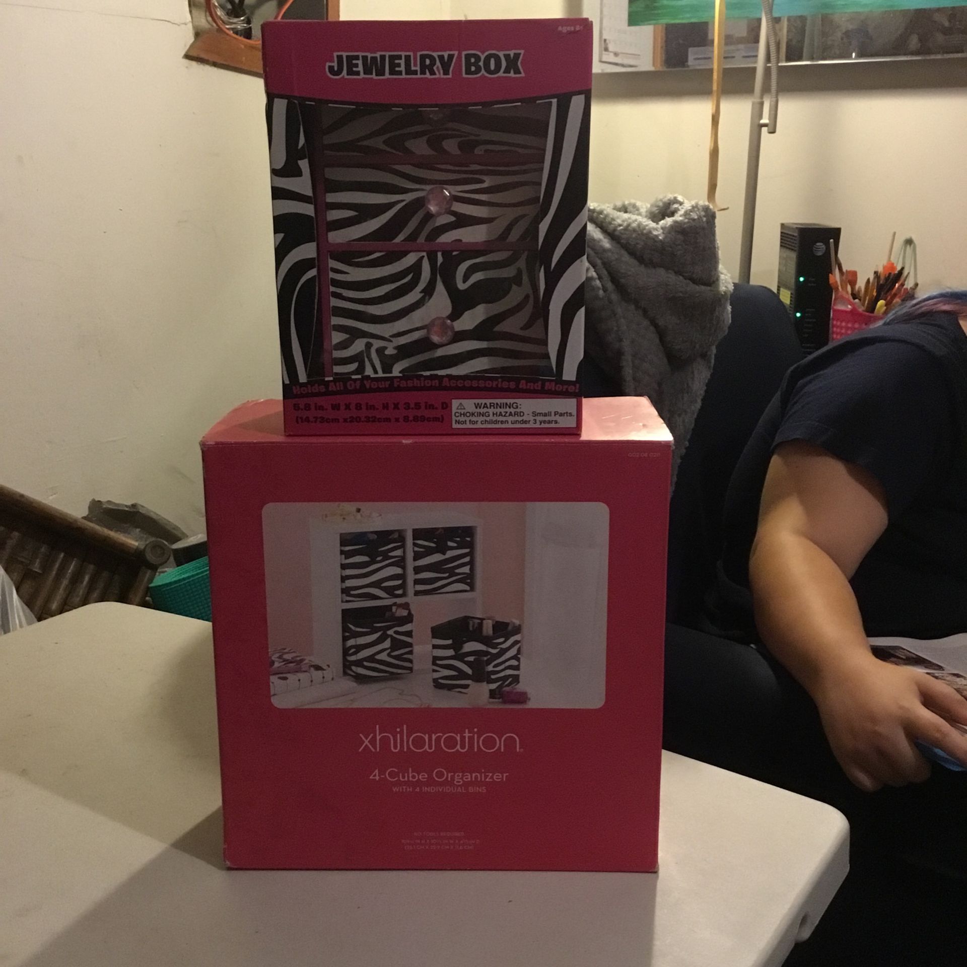 Zebra Print Jewelry Box And 4 Cube Organizer With 4 Individual Bins