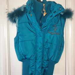 Baby Phat women's size Small 
Vest / jacket green/ turquoise/ fur hood 