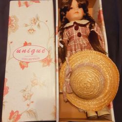 Unique Porcelain Doll Collection, Brunette Haired, Burgundy and White Plaid Dress w/  Buttons and White Lace Trim, 17in Tall.
