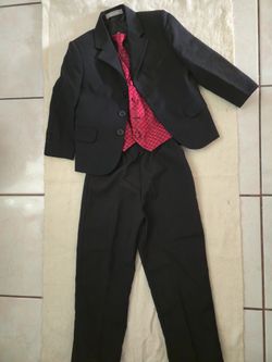 Pierre Cardin Boy's Black Suit with Red Vest and Tie. 5T Black Suit for Boy.