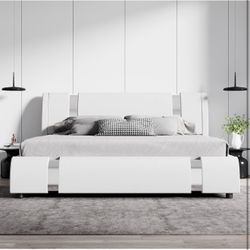 White King Platform Bed Frame with Padded Adjustable Headboard
