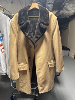 Vintage 1970s Sears Travelknit Overcoat 44 T Faux Fur Collar Car Coat Camel Tan