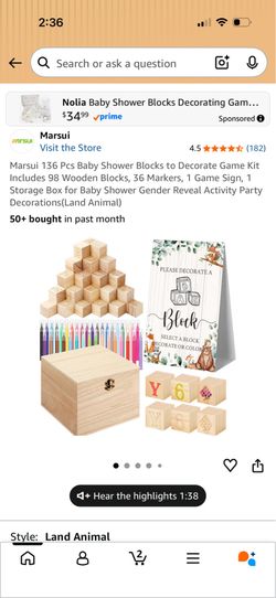 arsui 136 Pcs Baby Shower Blocks to Decorate Game Kit Includes 98 Wooden Blocks, 36 Markers, 1 Game Sign, 1 Storage Box for Baby Shower Gender Reveal 