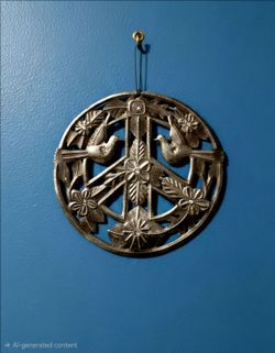 Handmade metal wall art plaque featuring a peace sign design with birds&flowers. 13"