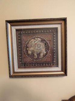 Vintage Framed Thai / South Asian Elephant Textile Art – Mirror & Metallic Embroidery