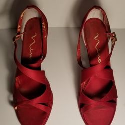 NINA RED SATIN CROSS STRAP PUMPS