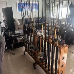 42 Fishing Rod Collection With Wooden Stand