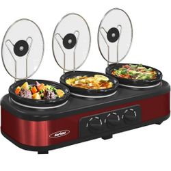 Sunvivi Triple Slow Cooker Buffet Servers and Warmer,3 Pot Food Small Mini Manual Slow Cooker with Adjustable Temp Stainless Steel Lid Rests,Removable