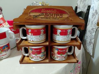Campbell soup cups and wooden holder