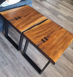 Live Edge Wood Coffee Table Set with Metal Legs
