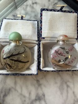 2 Vintage 2.5" Chinese Reverse Inside Painted Double Sided Glass Snuff Bottle