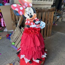 Red Minnie Mouse Dress Style Tower Pinata With Balls
