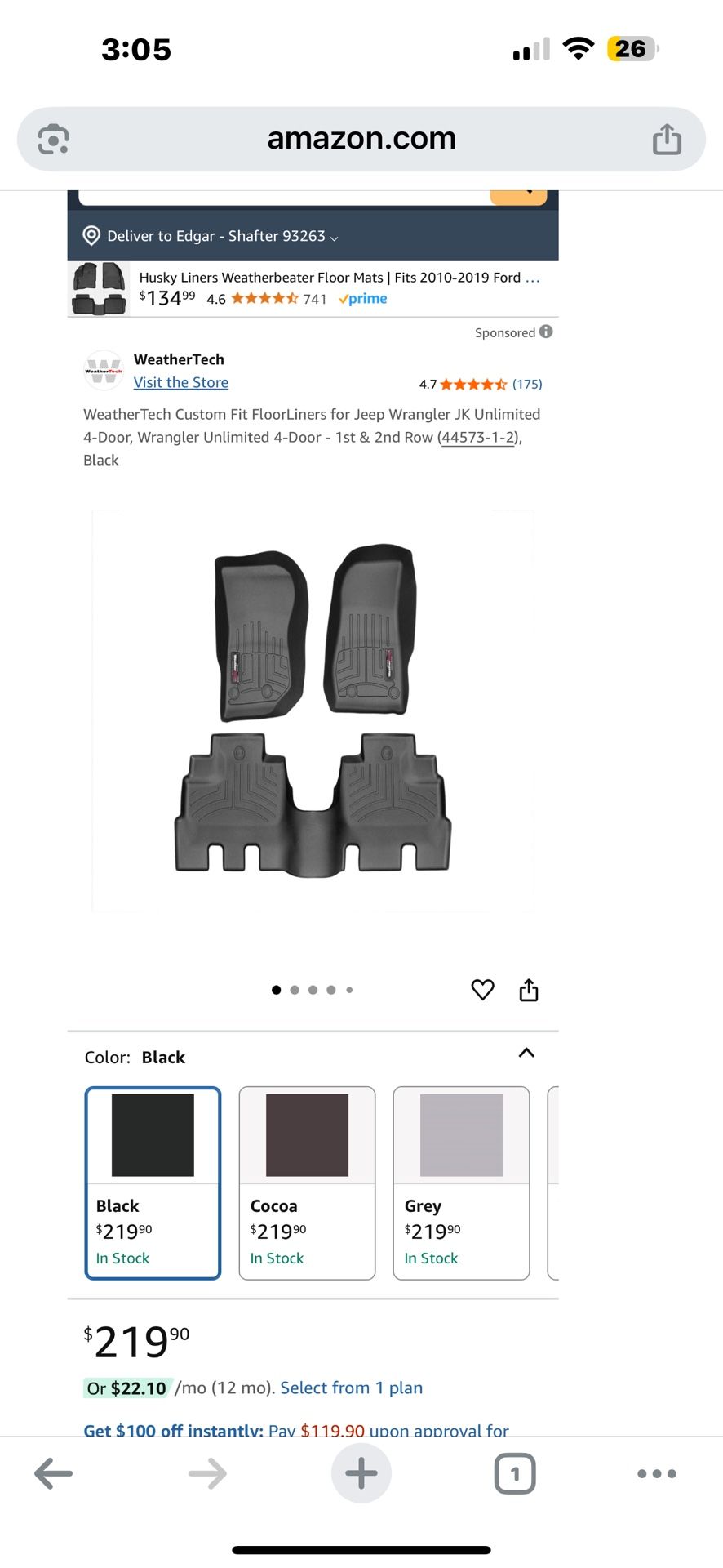 WeatherTech Custom Fit FloorLiners for Jeep Wrangler JK Unlimited 4-Door, Wrangler Unlimited 4-Door - 1st & 2nd Row (44573-1-2), Black