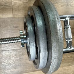 Beautiful Triceps Bar; Standard With Three Grip Cast Iron Weight Plates: 25s, 10s And 5s. Total Of 95 lbs. 