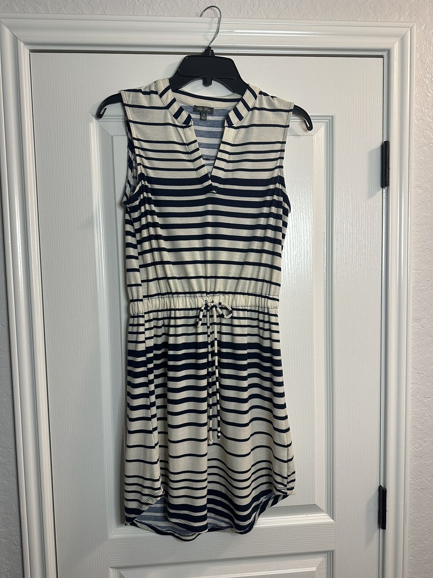 Lila Rose Lily Rose Ivory and Navy Blue Striped Dress