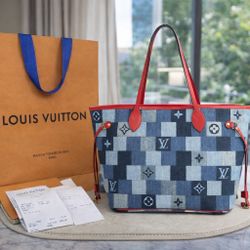 Louis Vuitton V Tote MM Denim Patchwork Bag In Blue Red