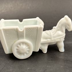 Vintage 1950's Milk Glass Donkey Drawn Cart Ashtray or Toothpick Planter Holder