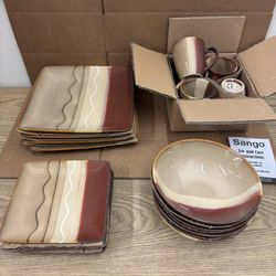 New 16-Piece Brown Stoneware Dinnerware Set