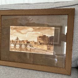 Copper Toned Signed Watercolor From Rome Of Of Castel Sant’Angelo