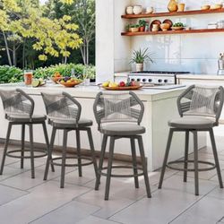 Outdoor Bar Stools Set of 4, 360° Swivel Aluminum Rattan Barstools, Olefin Rope Counter Height Bar S