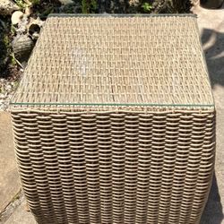 17” Outdoor Resin Wicker Side Table with Glass Top: 17”W x 17”D x 17.25”H