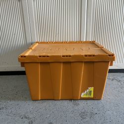 Orange heavy duty plastic storage bin container tote Hinged Lid