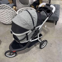 MSmask Medium Small Dog Stroller - 3 in 1 Folding Pet Stroller with Removable Carrier, Zipperless Dual Entry, Waterproof Pad, 3 Wheels, Linen Gray