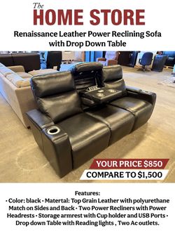 Renaissance Leather Power Reclining Sofa with Drop Down Table