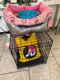 Dog cage bed and toys
