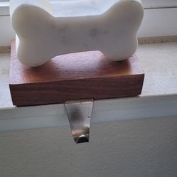 Genuine Marble Dog Bone shape  Hand Carved On Wood Stand With Hook For Hanging 